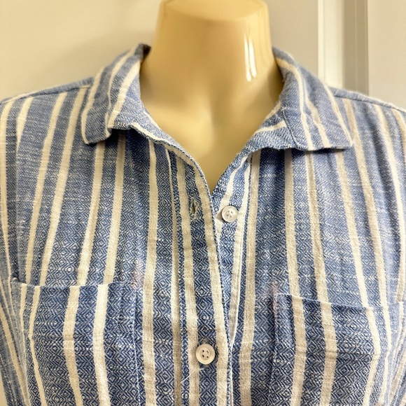 Blue White Striped Dress Lightweight Beachy Tie Waist Size XS Pockets Button - Picture 2 of 12